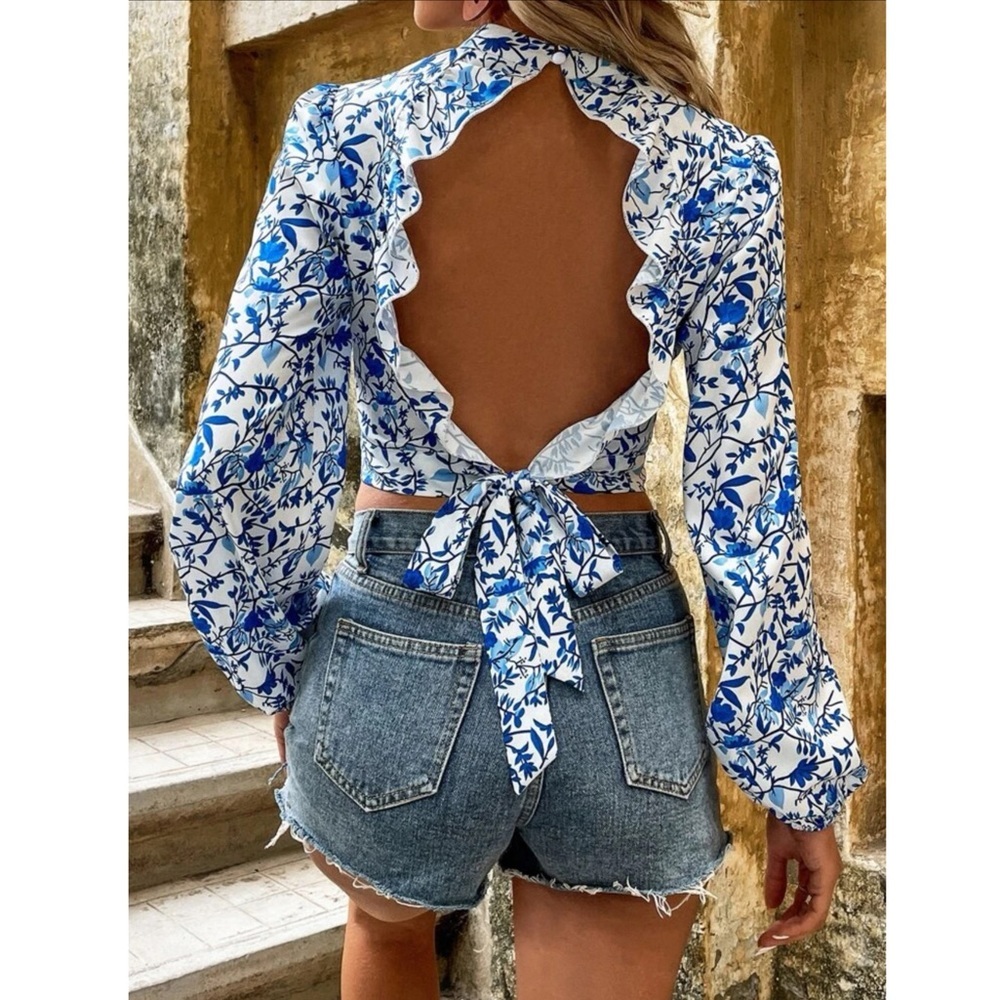 Boho Floral Open Back Tie Blouse - Picture 2 of 5